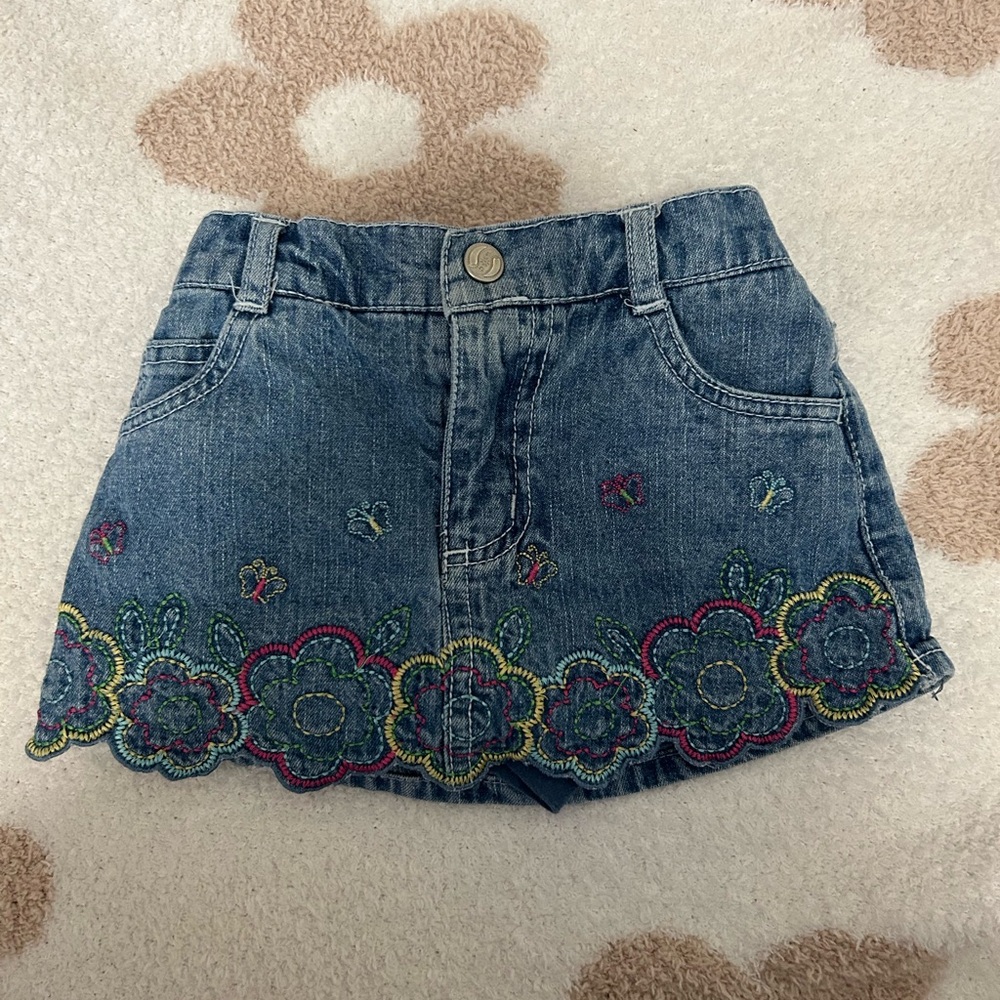 Vintage Embroidered Faded Glory Baby Girls Denim Skort with Floral Design 12M
